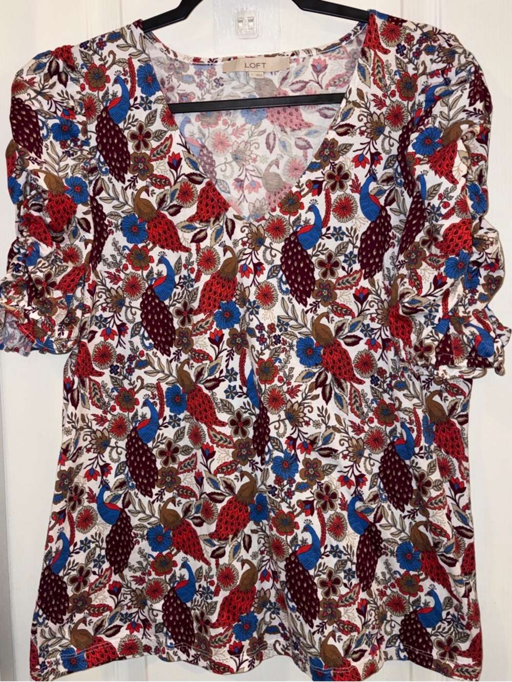 LOFT White V-Neck Blouse with Blue, Red & Brown Peacock Floral Print